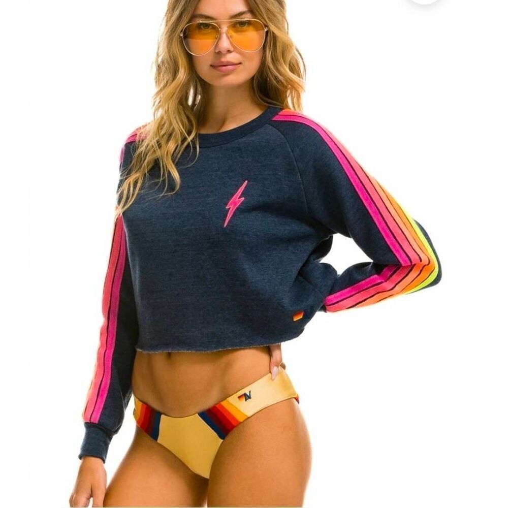 Aviator Nation Bolt Cropped Classic Crew Sweatshirt Heather Navy Neon size M